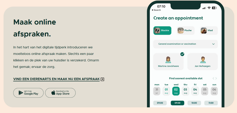 Schermafbeelding van de mypets-toepassing waarin een online afspraak wordt gemaakt
